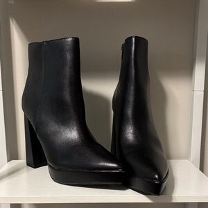 Classic Black Leather Platform Heeled Ankle Boots